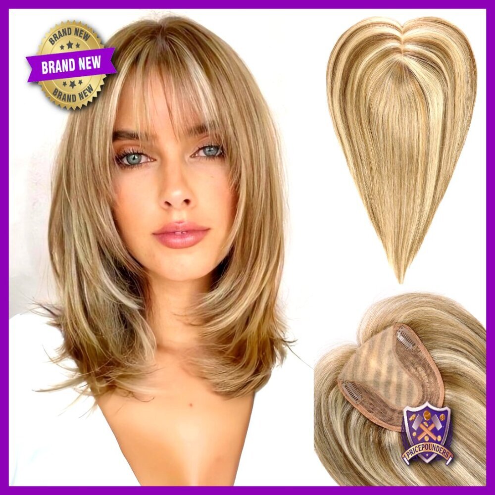 Human Hair Topper with Bangs for Thinning Hair, 14 Inch Length, Natural Look